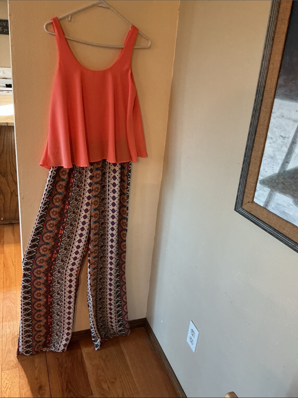 Jumpsuit With Coral Sleeveless Top and Patterned Wide-Leg Pants